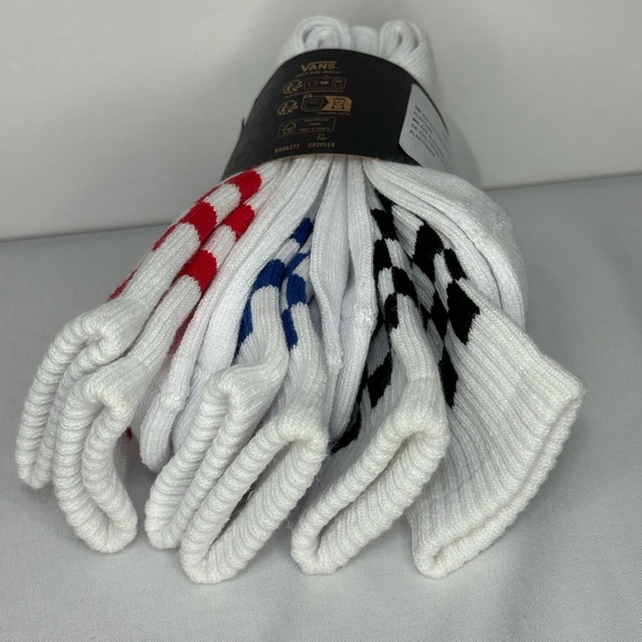 Vans Boy’s White Crew Socks with Red, Blue, and Black Checkered Pattern - Picture 5 of 5